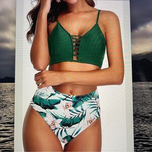 TEMPTME green floral lace up high waisted 2-piece swimsuit bikini NEW, size M